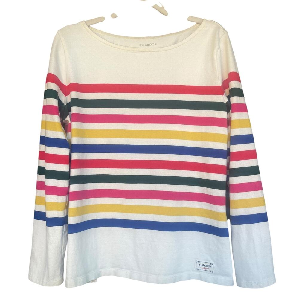 Talbots Shirt Womens Large White Multicolor Striped Long Sleeve Boatneck Cotton